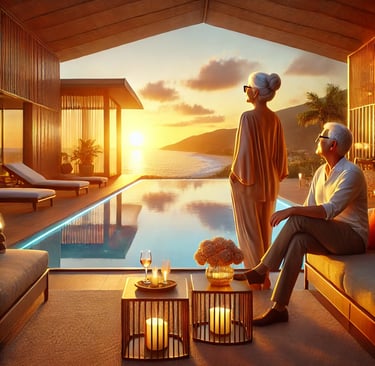 Elegant older couple relaxing at a beachside villa, enjoying retirement with luxury and tranquility.
