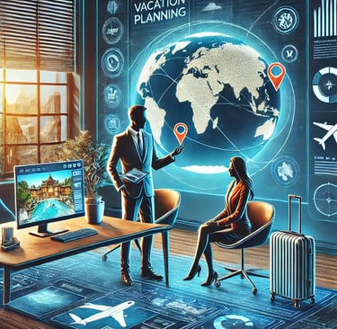 Financial advisor presenting vacation plans to a couple in a stylish office with travel-themed decor