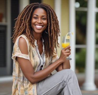 a woman with dreadlocks and a glass of orange juice