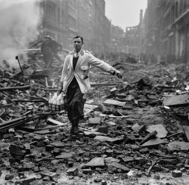 A milkman delivers glass bottles through London rubble during the World War II Blitz.