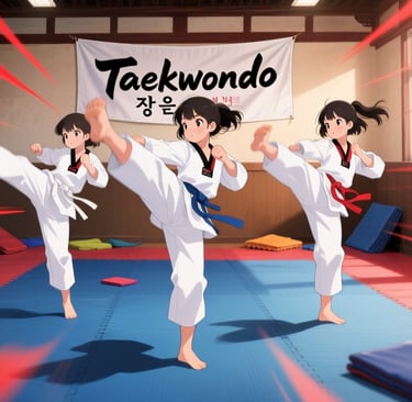 tres niñas practicando taekwondo