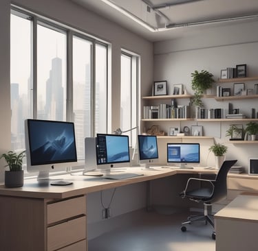 A conference room with a long wooden table surrounded by chairs covered in protective plastic. Multiple computer monitors are placed on tables against the walls, each displaying nature-themed images. The walls are lined with wood paneling, and a sign indicating a center for artificial intelligence is displayed at the front. There are decorative flower arrangements on the table, and the overall setup suggests a professional environment.