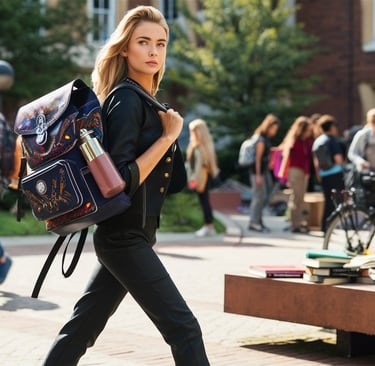 a woman walking down a sidewalk with a backpack