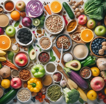 a variety of fruits and vegetables in bowls