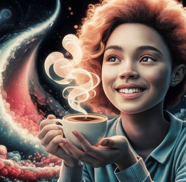 a woman holding a cup of coffee in front of a galaxy