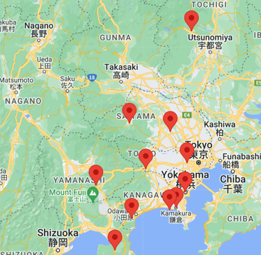 Map illustrating day trips from Tokyo