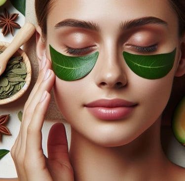 a woman with green leaves on her face