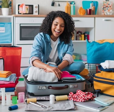 a woman sitting on the floor packing with a suitcase