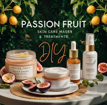 a table with passion fruit skincare products