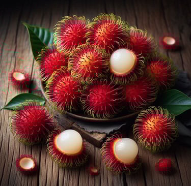a bowl of rambutanh fruit on a wooden table