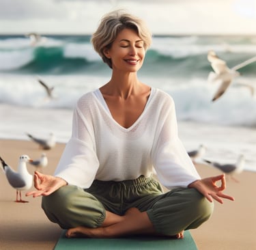 a woman sitting on a yoga mat with seagulls
