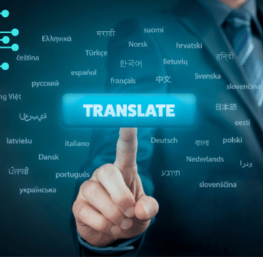 a man in a suit pointing at a translation translation of a translation button