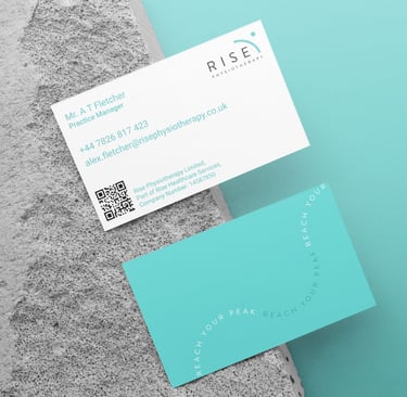 A front and back view of Rise Physiotherapy business cards