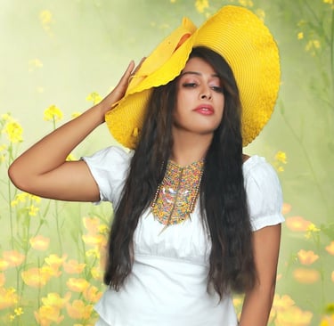 Woman wearing statement necklace in multicolor
