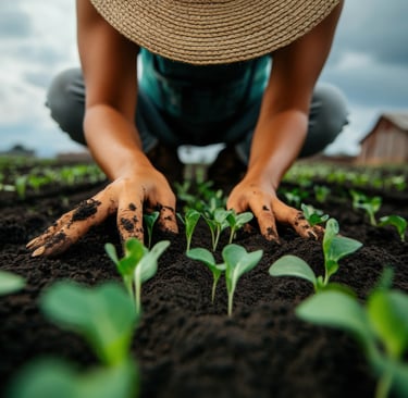 Mujer con las manos en la tierra, plantando.