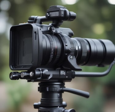 Three men are engaged in filming activities outdoors. One man holds a camera mounted on a gimbal, suggesting a focus on capturing video. Another man stands beside him, appearing to offer guidance or assistance. In the background, another individual holds equipment, indicating a collaborative effort in a filming project. The setting appears to be urban, with buildings and trees visible.