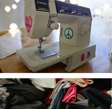 Ancienne machine à coudre transmise et tissus oubliés, symboles du déclic créatif d’UP2MEL