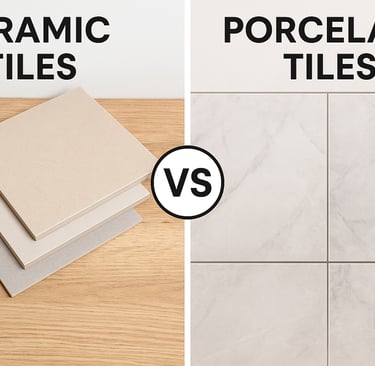 Side-by-side comparison of ceramic and porcelain tiles in a showroom setup at Gulf Ceramics Sharjah.