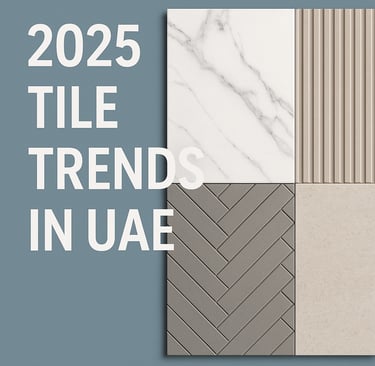 Modern tile display with trending 2025 textures and patterns at Gulf Ceramics showroom in Sharjah.