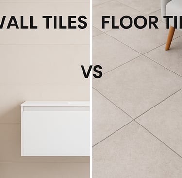 Comparison display of wall and floor tiles in a modern interior by Gulf Ceramics showroom in Sharjah.