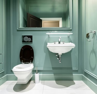 Modern luxury bathroom with premium sanitaryware and accessories from Gulf Ceramics, Sharjah showroom.