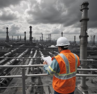 A person wearing a white hard hat and an orange safety vest is standing on a high platform, examinin