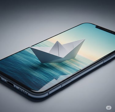 Um barco de origami sobre a tela de smartphone onde uma paisagem de horizonte oceânico se estende