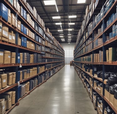 A garage filled with tires and automotive equipment. Tires are stacked on shelves and some are mounted on the walls alongside wheel rims. A person is seated in the corner on the left, looking at a mobile phone. An orange traffic cone is on the floor, and there is a machine used for tire services.