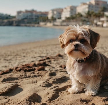Cute little Maltese dog with soft brown fur on the beach 