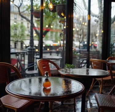 Empty tables waiting for customers in a parisian cafe on a rainy day
