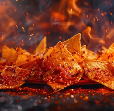A fiery display of nachos chitopped with spicy seasoning and salsa, evoking a bold flavor experience