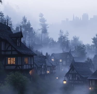 A misty medieval village at dusk, with glowing windows and a distant castle silhouette