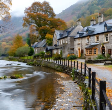 Beddgelert, Snowdonia, Wales, river flowing near traditional stone houses in autumn