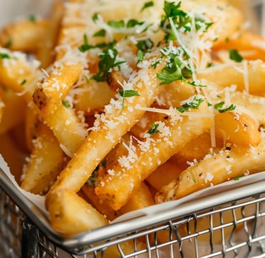 Golden crispy truffle fries with Parmesan cheese and parsley in a metal basket