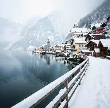 Charming hallstatt village in winter beside a tranquil lake