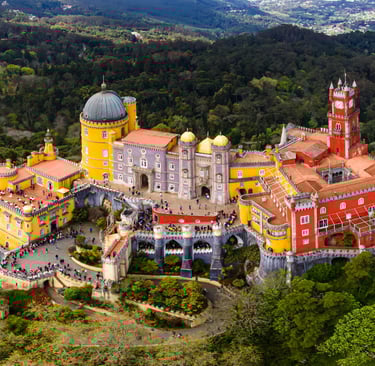 National Palace of Pena, Sintra region, Lisbon. Aerial drone panorama of Famous place in Portugal 