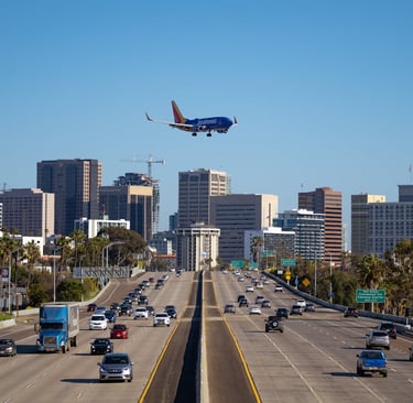 Southwest plane over a freeway