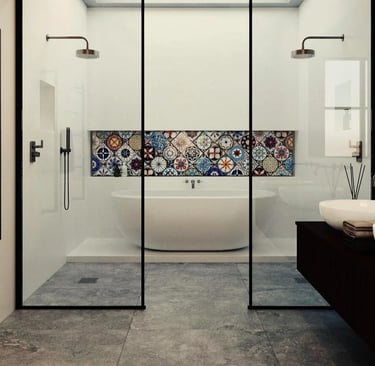 this image shows a hand painted mosaic in shower niche
