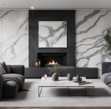 high end living room design | modern interiors grey and white combination | focal point : white marble accent wall