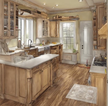 a kitchen with a wooden floor and a sink