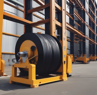 A large industrial shipping port with cranes towering over a wide area. Multiple cargo containers are neatly arranged on the ground, with some labeled with brand names. The background includes a body of water with large ships, contributing to a busy and industrious atmosphere.