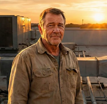 An HVAC business owner standing on a rooftop at sunset, symbolizing a successful business exit and retirement.