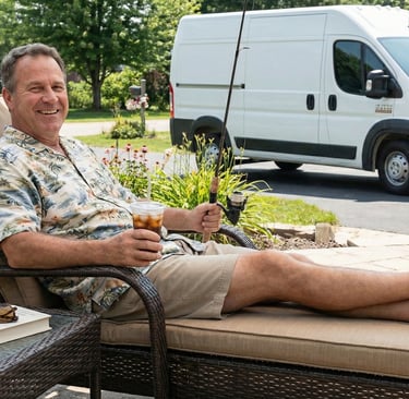 A happy, retired plumbing contractor relaxes in a lounge chair with a drink and fishing rod, a white van in the background.