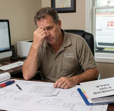 Stressed plumbing contractor at a desk with "BUSINESS FOR SALE" binder and tools, a "FOR SALE" van visible outside.
