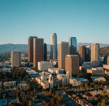 Skyline of downtown Los Angeles, featuring high-rise buildings with mountains in the background..
