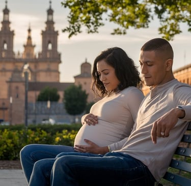 a pregnant couple sitting on a bench in a park