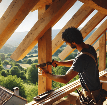 Charpentier renforçant une charpente en bois lors de travaux de rénovation sur une maison provençale