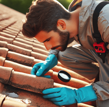 Couvreur inspectant une toiture en tuiles pour des travaux d'étanchéité dans le sud de la France