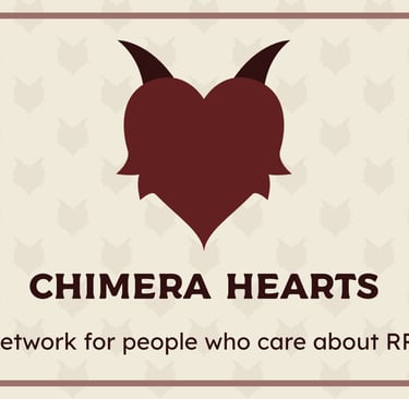 A dark red heart with curved horns above the words "Chimera Hearts: a network for people who care about RPGs".