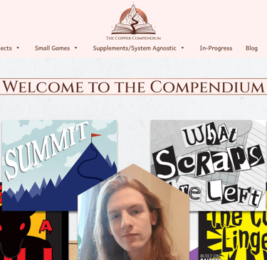 A screenshot of the homepage of this website, showing the header, welcome banner, game thumbnails and photo of the designer.